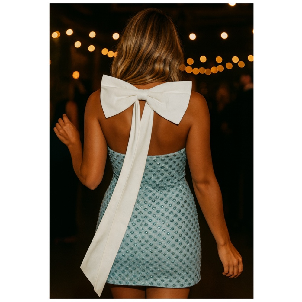 Mestiza Blue Sequin Bow Back Mini Dress Large Size 14 Cocktail Party - Picture 3 of 14